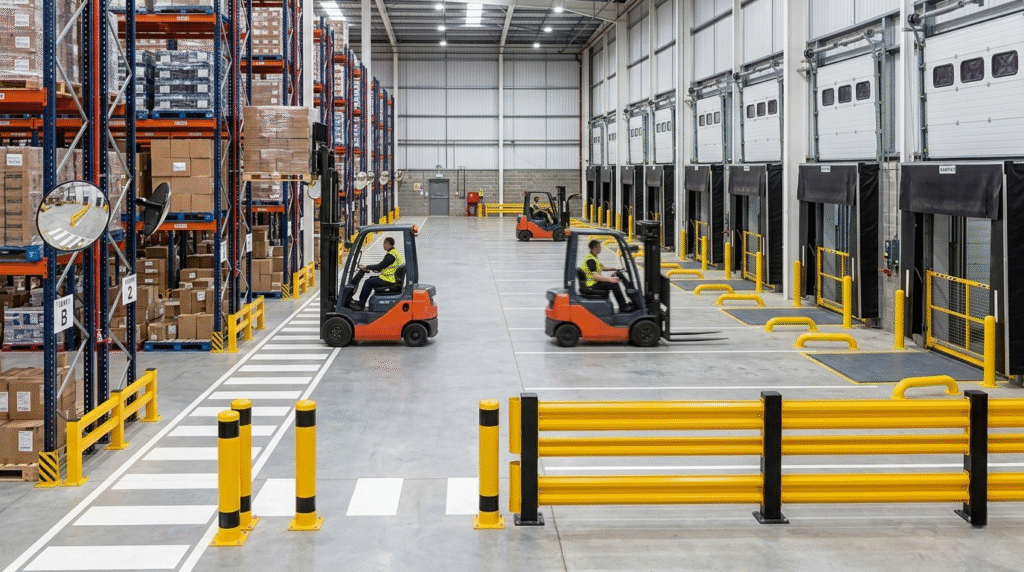 Warehouse and logistics safety infrastructure including convex mirrors and traffic management systems