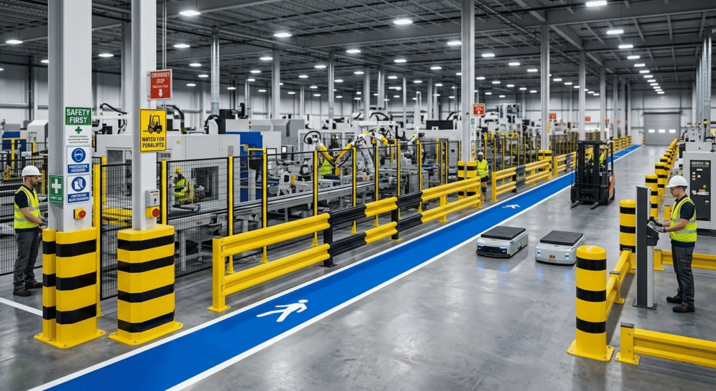 Manufacturing facility safety systems with barriers and workplace protection infrastructure