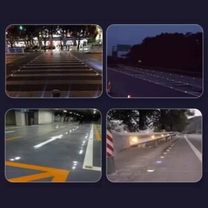 Row of solar road studs marking highway lane divider