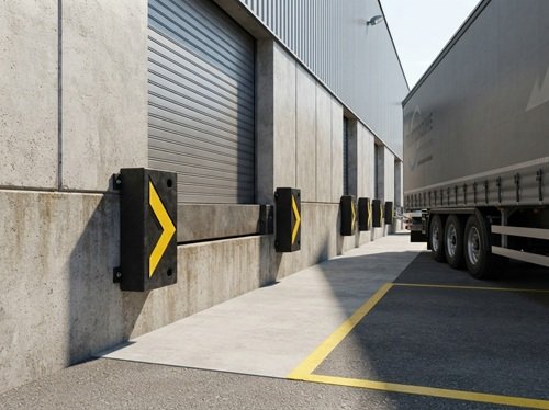 Truck reversing toward rubber dock bumpers at loading bay