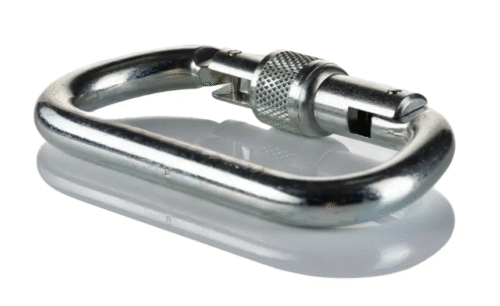 Karabiner hook auto-locking gate mechanism close-up