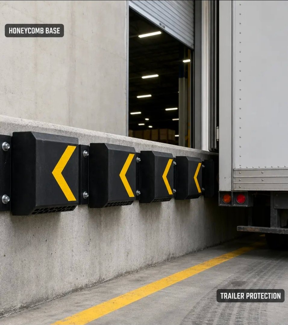 Row of rubber dock bumpers mounted along loading dock wall