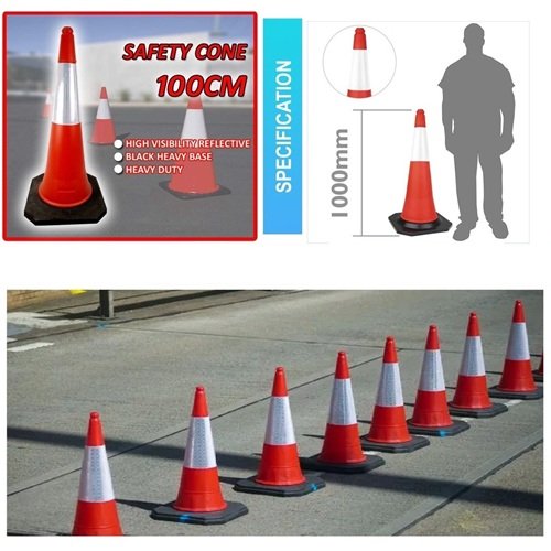 Row of giant traffic cones marking lane closure on road